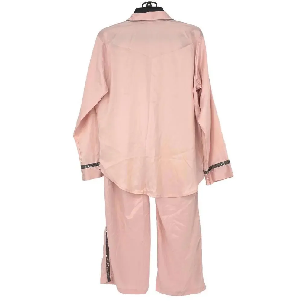 Victoria's Secret Pink Satin Pajama Set Lounge ware Sequin Trim Women's size Med